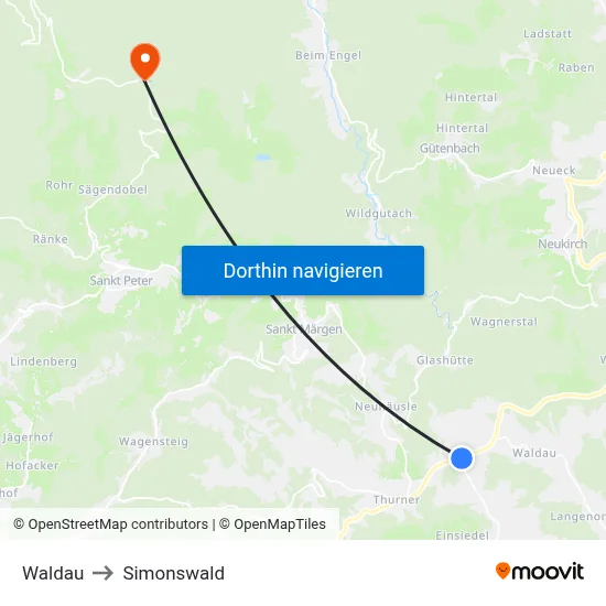 Waldau to Simonswald map