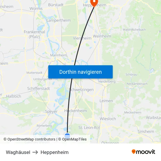 Waghäusel to Heppenheim map