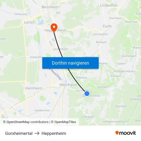 Gorxheimertal to Heppenheim map