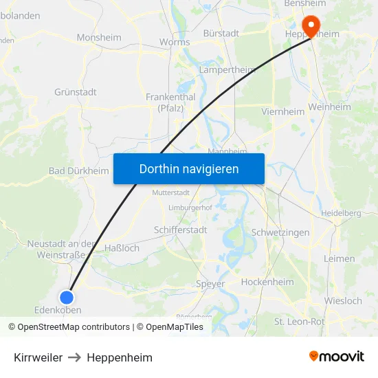 Kirrweiler to Heppenheim map