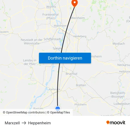Marxzell to Heppenheim map