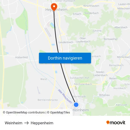 Weinheim to Heppenheim map