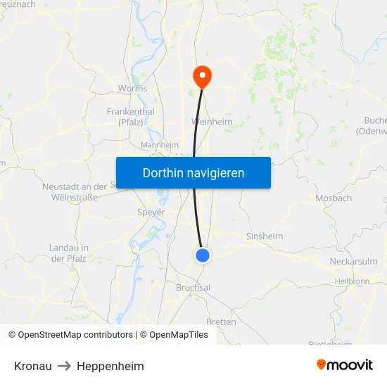 Kronau to Heppenheim map