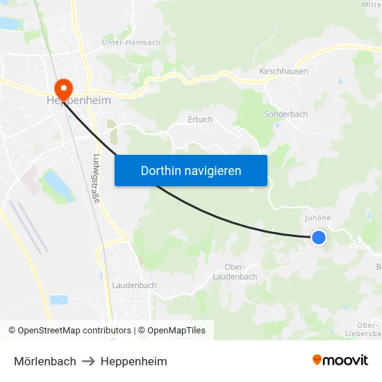 Mörlenbach to Heppenheim map