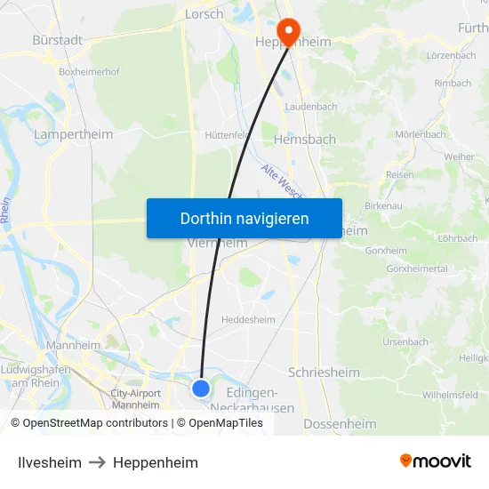 Ilvesheim to Heppenheim map