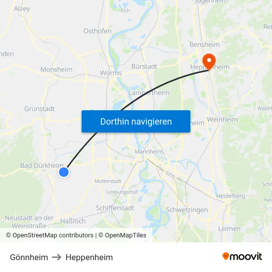 Gönnheim to Heppenheim map