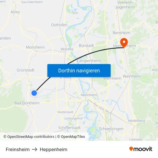 Freinsheim to Heppenheim map