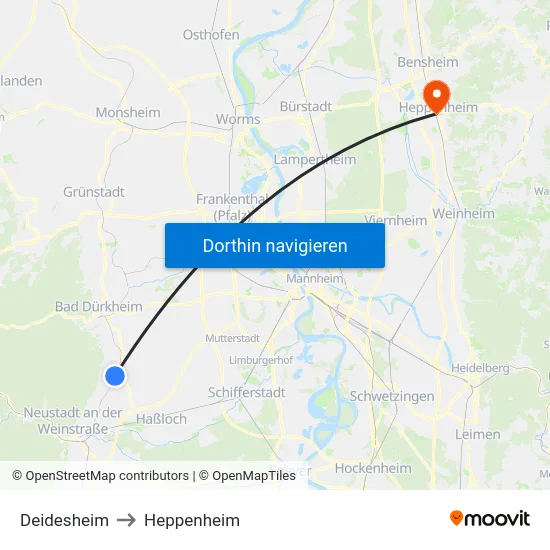 Deidesheim to Heppenheim map