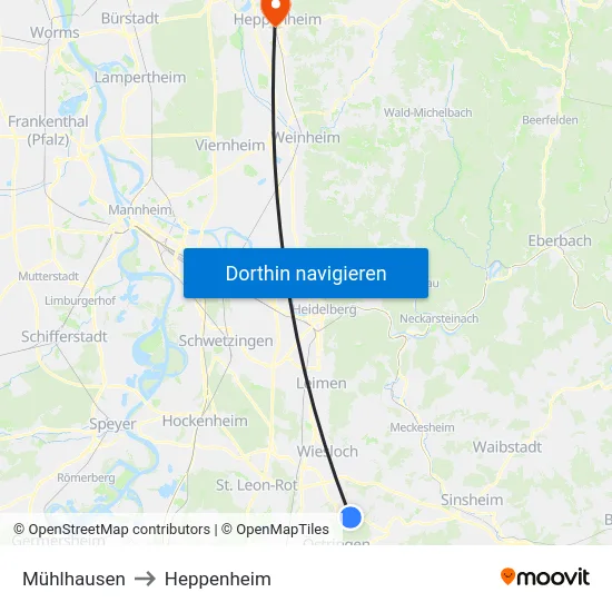 Mühlhausen to Heppenheim map