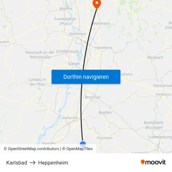 Karlsbad to Heppenheim map