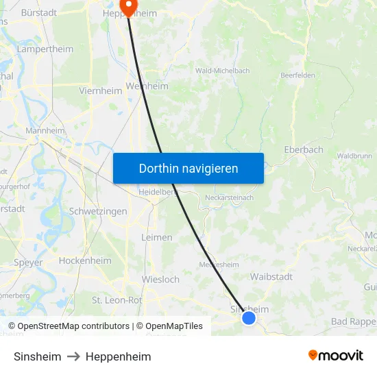Sinsheim to Heppenheim map