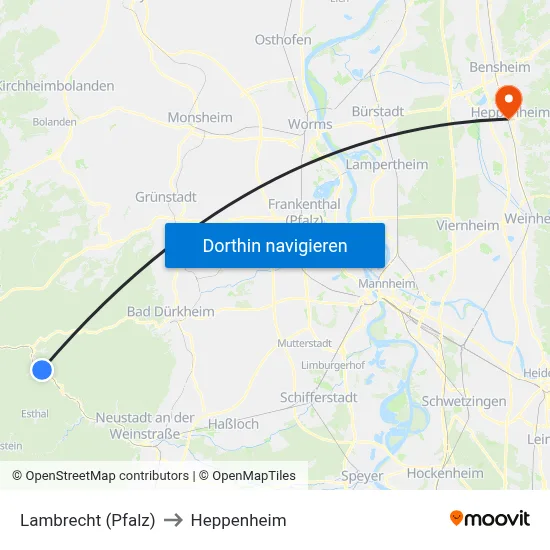 Lambrecht (Pfalz) to Heppenheim map