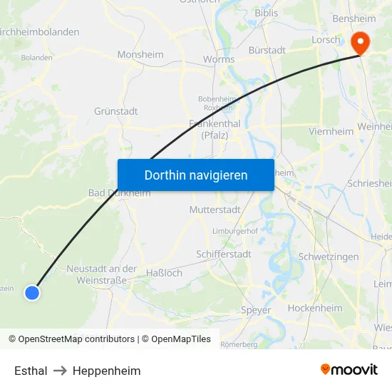 Esthal to Heppenheim map