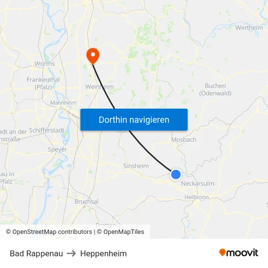 Bad Rappenau to Heppenheim map