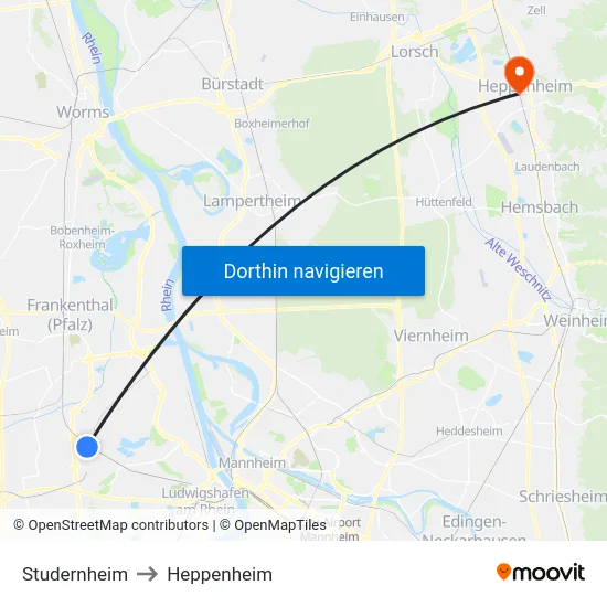 Studernheim to Heppenheim map