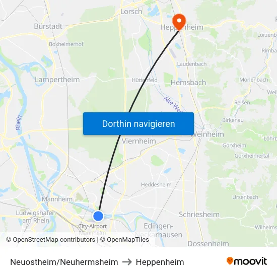 Neuostheim/Neuhermsheim to Heppenheim map
