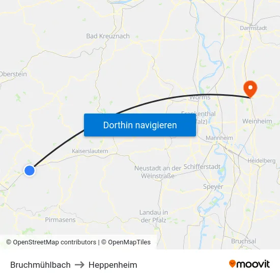 Bruchmühlbach to Heppenheim map
