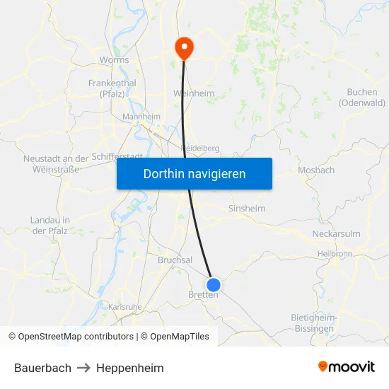 Bauerbach to Heppenheim map