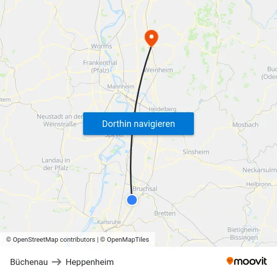 Büchenau to Heppenheim map