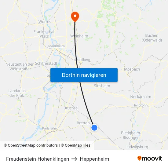 Freudenstein-Hohenklingen to Heppenheim map