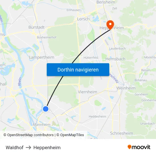 Waldhof to Heppenheim map