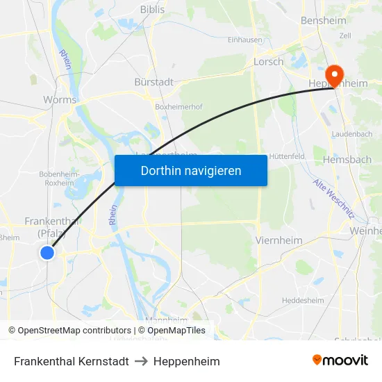 Frankenthal Kernstadt to Heppenheim map