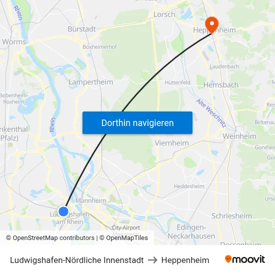 Ludwigshafen-Nördliche Innenstadt to Heppenheim map