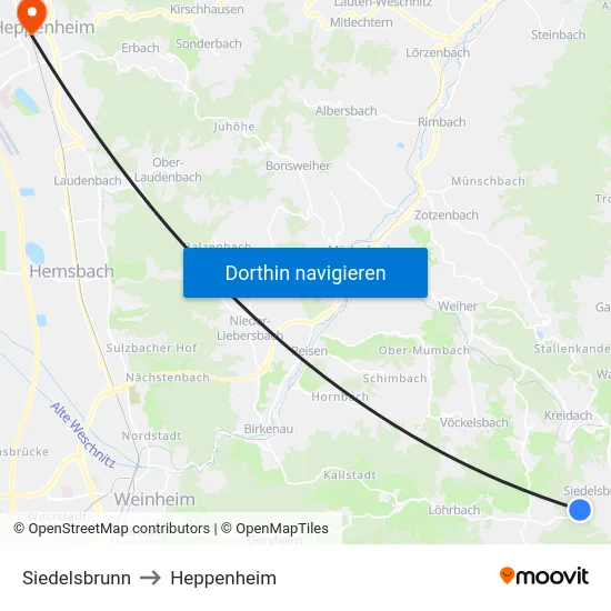 Siedelsbrunn to Heppenheim map