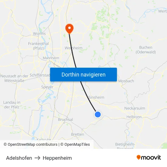Adelshofen to Heppenheim map