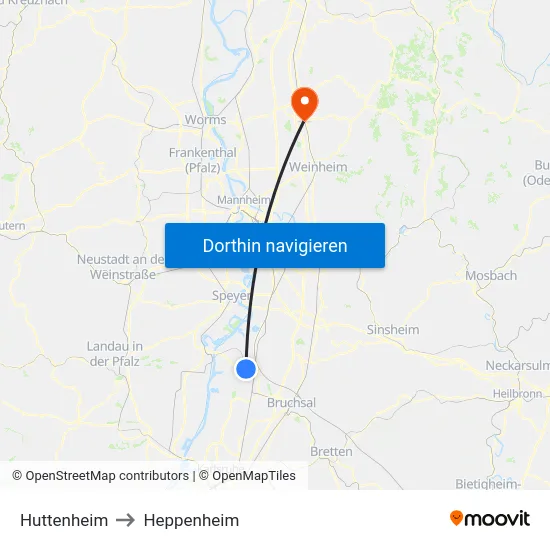 Huttenheim to Heppenheim map
