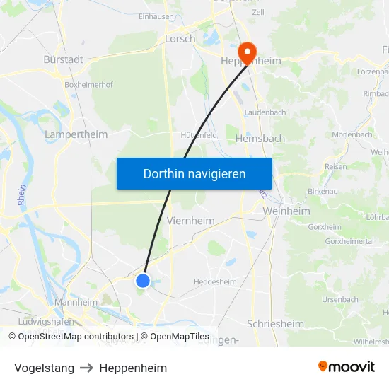 Vogelstang to Heppenheim map