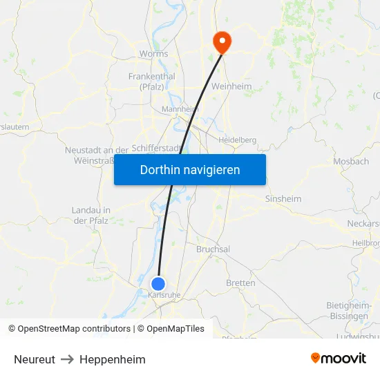 Neureut to Heppenheim map