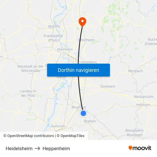 Heidelsheim to Heppenheim map