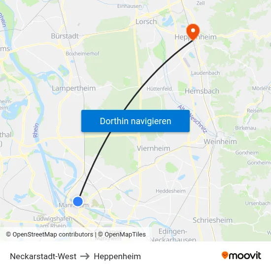 Neckarstadt-West to Heppenheim map