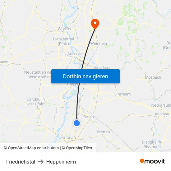Friedrichstal to Heppenheim map