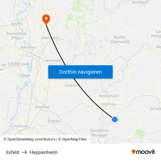 Ilsfeld to Heppenheim map