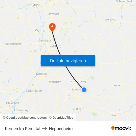 Kernen Im Remstal to Heppenheim map