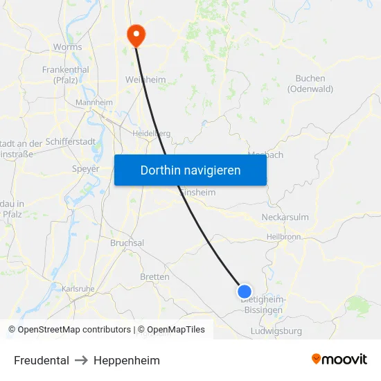 Freudental to Heppenheim map