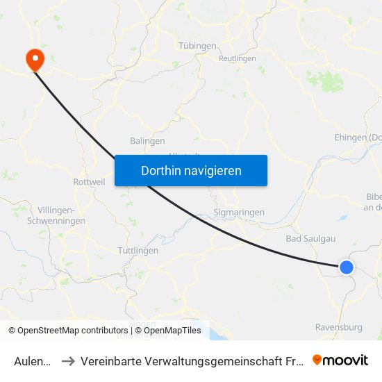 Aulendorf to Vereinbarte Verwaltungsgemeinschaft Freudenstadt map