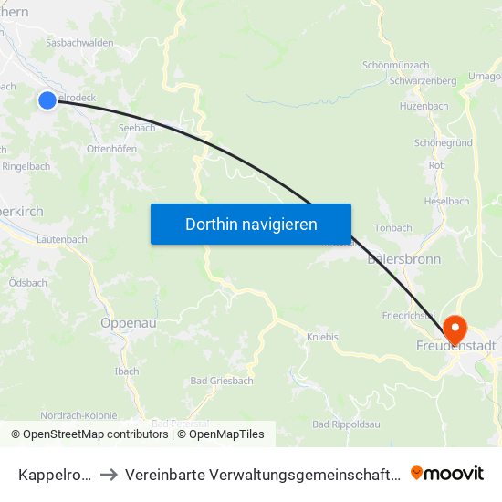 Kappelrodeck to Vereinbarte Verwaltungsgemeinschaft Freudenstadt map
