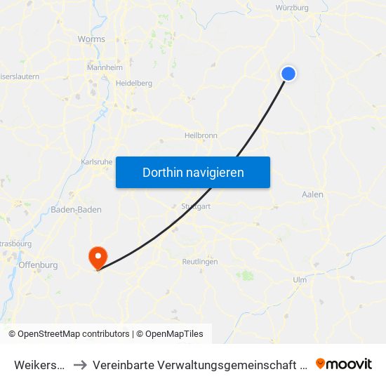 Weikersheim to Vereinbarte Verwaltungsgemeinschaft Freudenstadt map