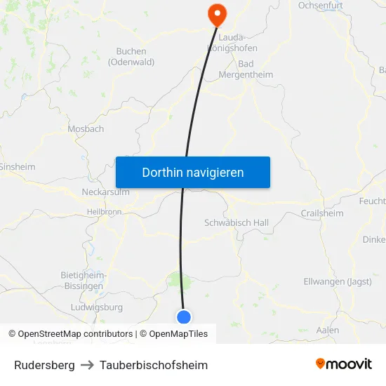 Rudersberg to Tauberbischofsheim map