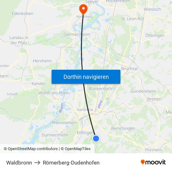 Waldbronn to Römerberg-Dudenhofen map