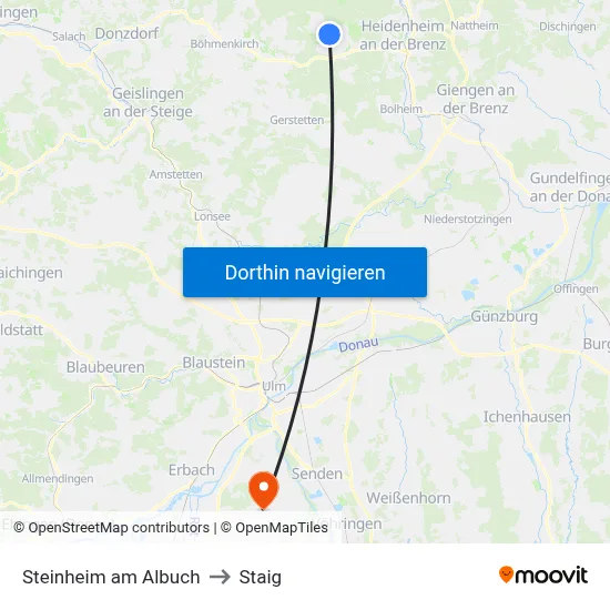 Steinheim am Albuch to Staig map