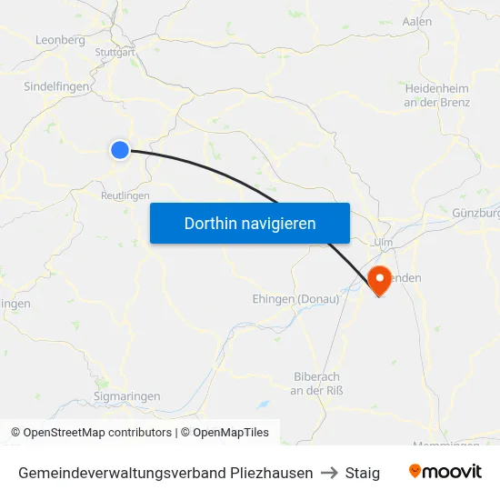 Gemeindeverwaltungsverband Pliezhausen to Staig map