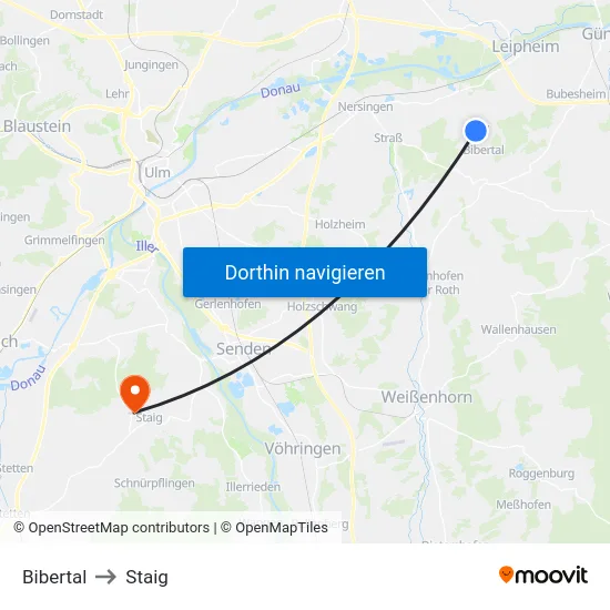 Bibertal to Staig map