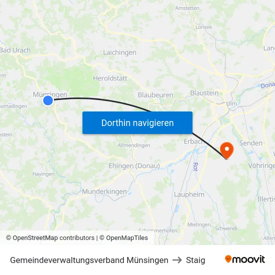 Gemeindeverwaltungsverband Münsingen to Staig map