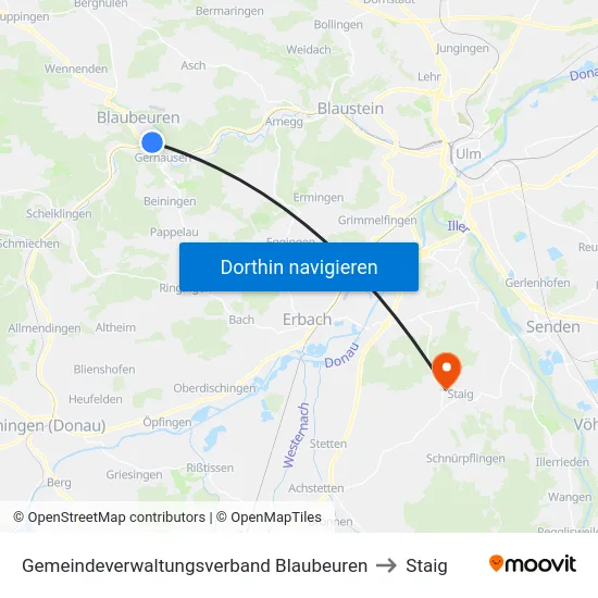 Gemeindeverwaltungsverband Blaubeuren to Staig map