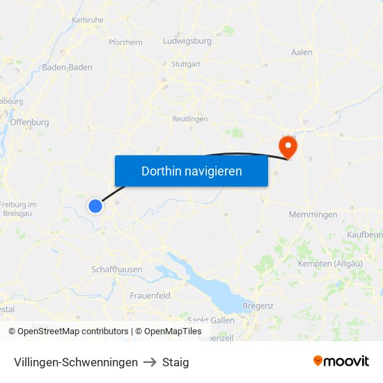 Villingen-Schwenningen to Staig map