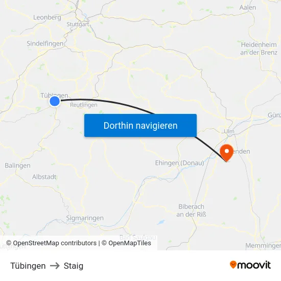 Tübingen to Staig map